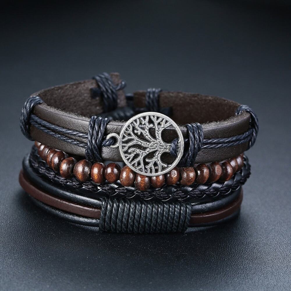 Four Piece Set Tree Charm Braided Wrap Leather Bracelets for Men 2-BB-I-45